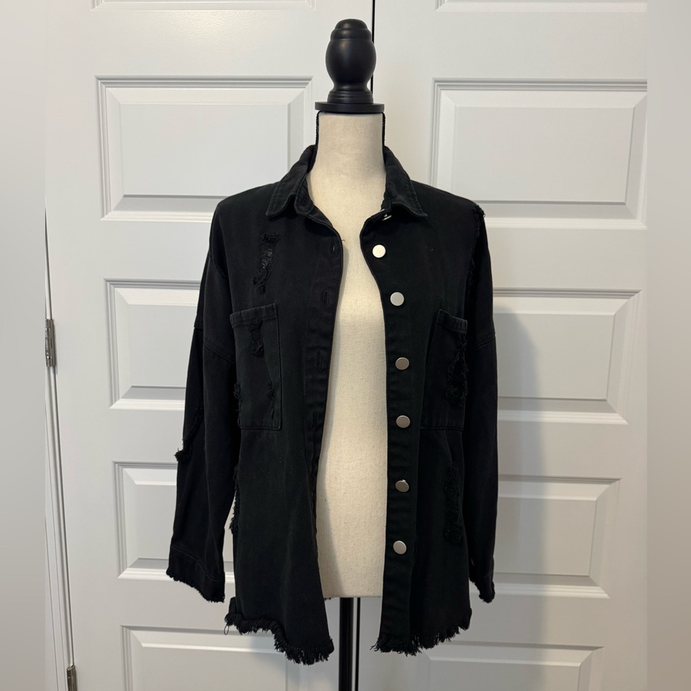 Gildan Black Distressed Button-Up Jean Jacket